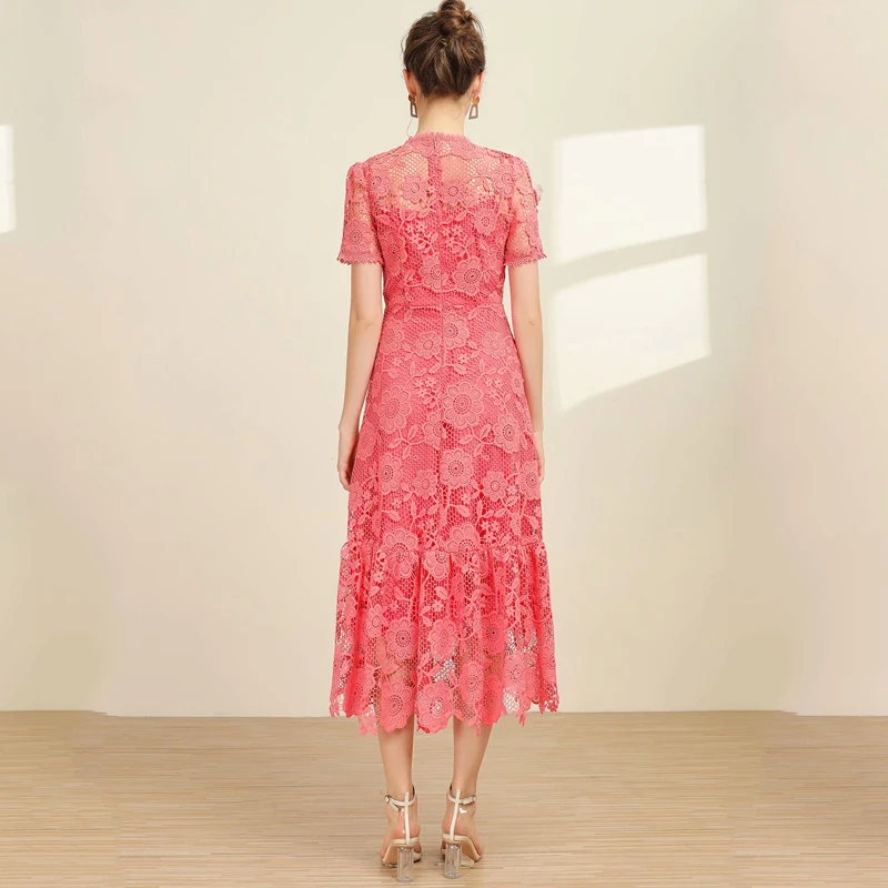 SEQINYY Rožinė Suknelė 2020 M. Vasarą, Pavasarį, Naujų Mados Dizaino Moterys Trumpas Rankovės Siuvinėjimas Žiedai Tuščiaviduriai Elegantiškas Nėrinių Midi Suknelė