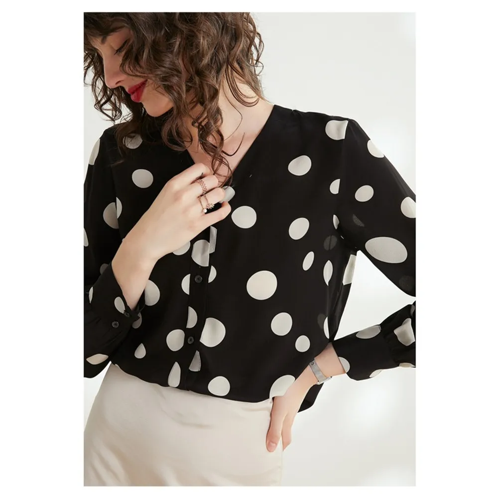 Silviye Polka dot spausdinti šilko marškinėliai moterims ilgomis rankovėmis temperamentas V-kaklo mados šalis dugno į viršų blusas mujer de moda 2020 m.
