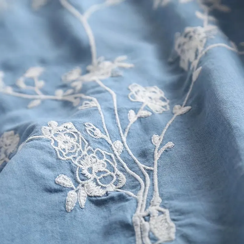 Siuvinėjimo vasaros džinsus, suknelę moteris, o kaklo trumpomis rankovėmis, gėlių mėlyna džinsinio audinio suknelė cheongsam darbo atsitiktinis suknelė vestidos mujer