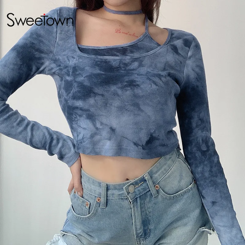 Sweetown 2020 M. Rudenį Kaklaraištis Dažų Spausdinti Pasėlių Top Ilgomis Rankovėmis Seksualus Apynasrio T Marškinėliai Moterims Fitneso Korėjos Streetwear Mados T-Shirt
