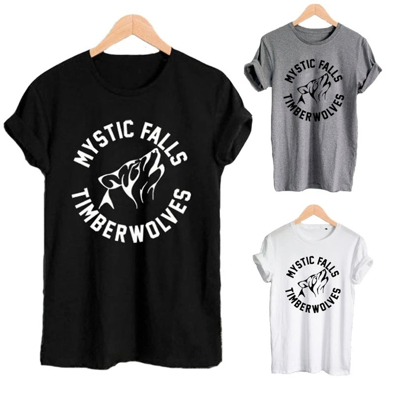 Vampyro Dienoraščiai Marškinėliai Stefan Salvatore T-Shirts Timberwolves Mystic Falls Laiškas Spausdinti Moterų Atsitiktinis Medvilnės Juokingi Marškinėliai