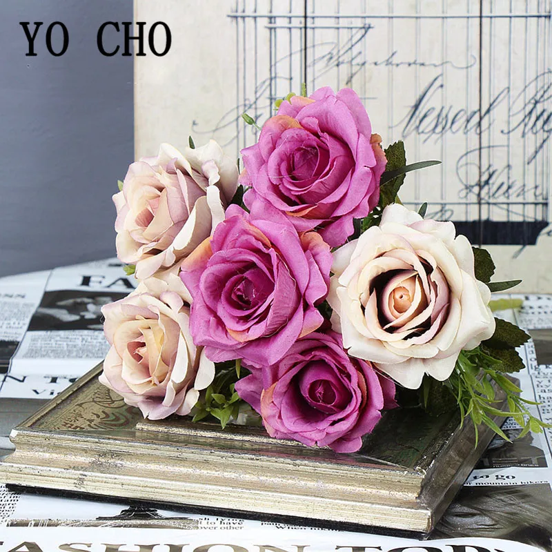 YO CHO 6 Vadovai Šilko Rožė Dirbtinės Gėlės 2 Asorti Spalvos Rožių Flore Vestuvių Dekoravimo, Žiemos Netikrą Gėlių Namų Dekoro