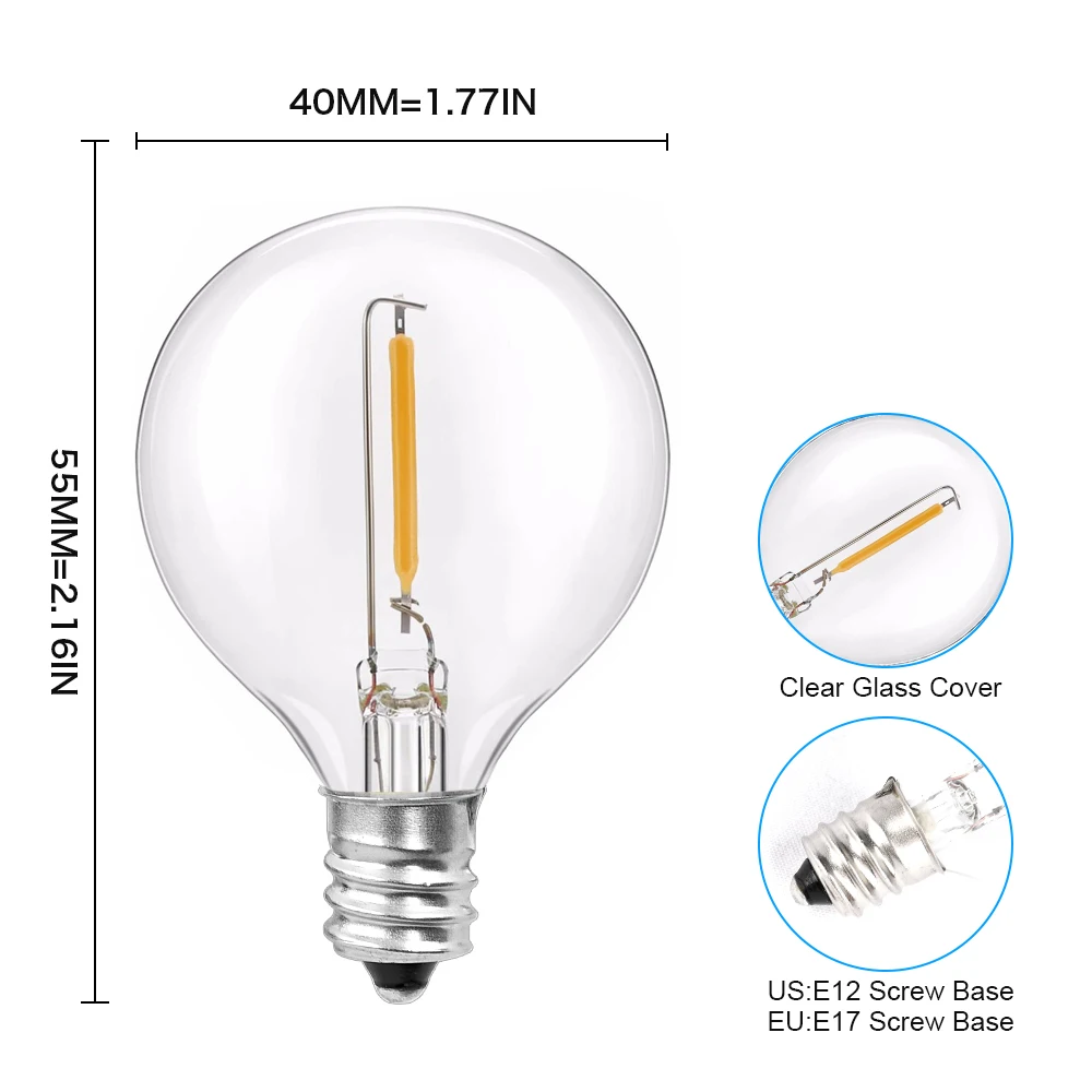 25PCS G40 1W LED String Šviesos Lemputės Pakeitimas E12 110V, 220V Šilta Balta 2700K LED Lempas, Vietoj G40 5W 7W Kaitrines Lemputes