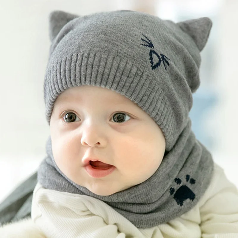 2vnt/Komplektas Baby Skrybėlę, Šaliką Su Ausų Megzti Šiltas Animaciją Kačių Naujagimį Berniuką Mergina Skrybėlę Bžūp Žiemos Skrybėlę Kepuraitė Šalikai Tinka