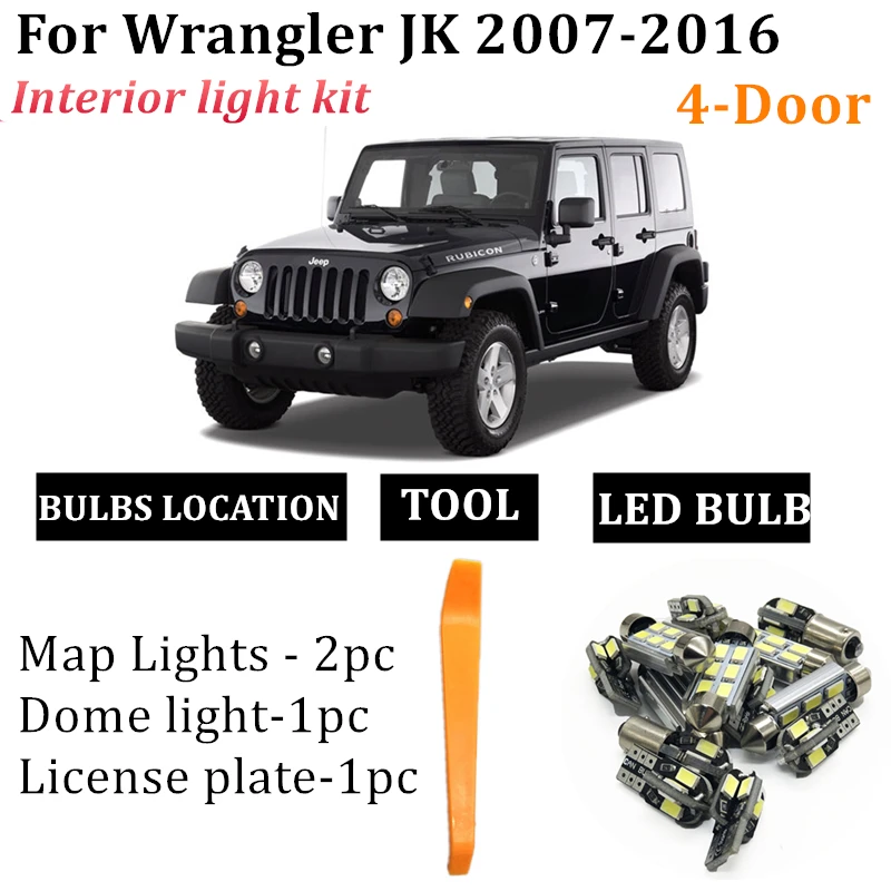 4pcs Led vidaus apšvietimas Jeep wrangler jk 4 durų 2007-2016 Led Žibintai, Automobilių apšvietimo rinkinys auto T10 Girlianda Canbus led lemputės