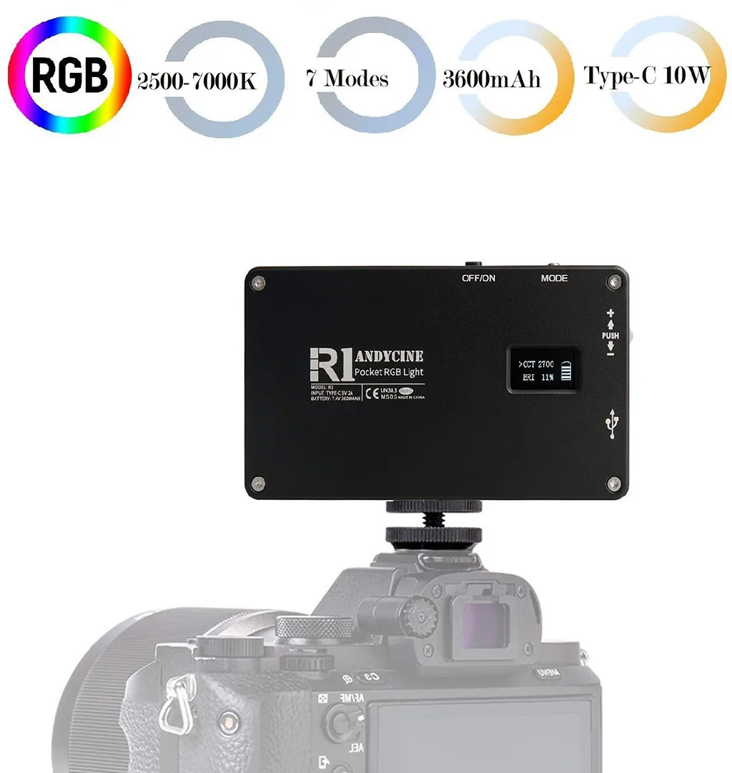 ANDYCINE R1 Kišenėje RGB Šviesos Vlogger Mini Tipo C 10W Dėl Vaizdo įrašo Šviesa 2500 - 7000K 192 LED Fotoaparato Filmavimo Griaustinio Šviesa