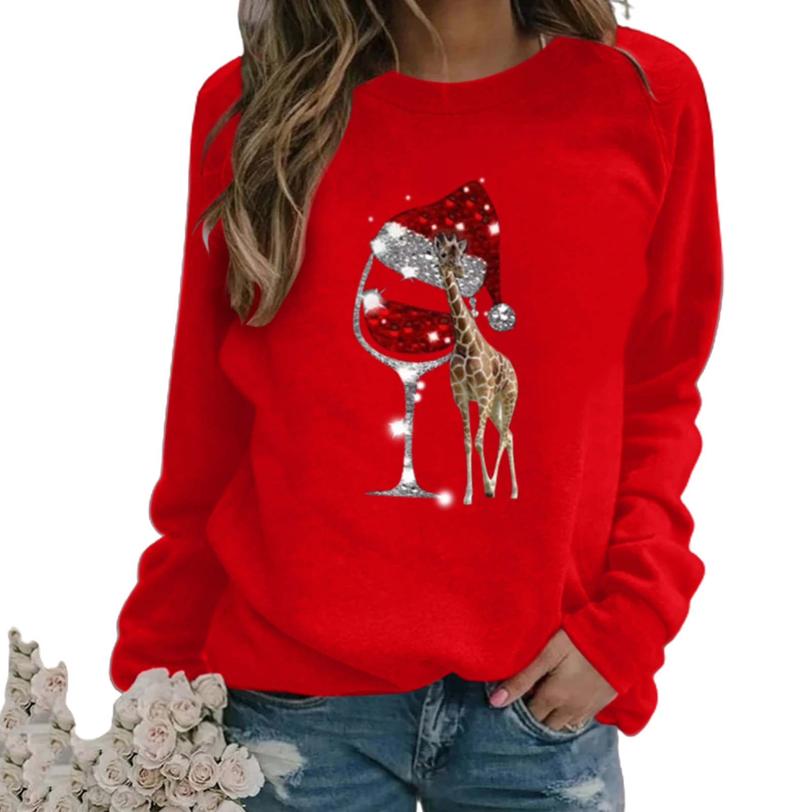 Hoodies Moteris Rudens-Žiemos Ilgos Rankovės Wineglass Žirafa Spausdinti Palaidinė Kalėdos Palaidinukė Puloveriai толстовка ropa de mujer 2020 m.