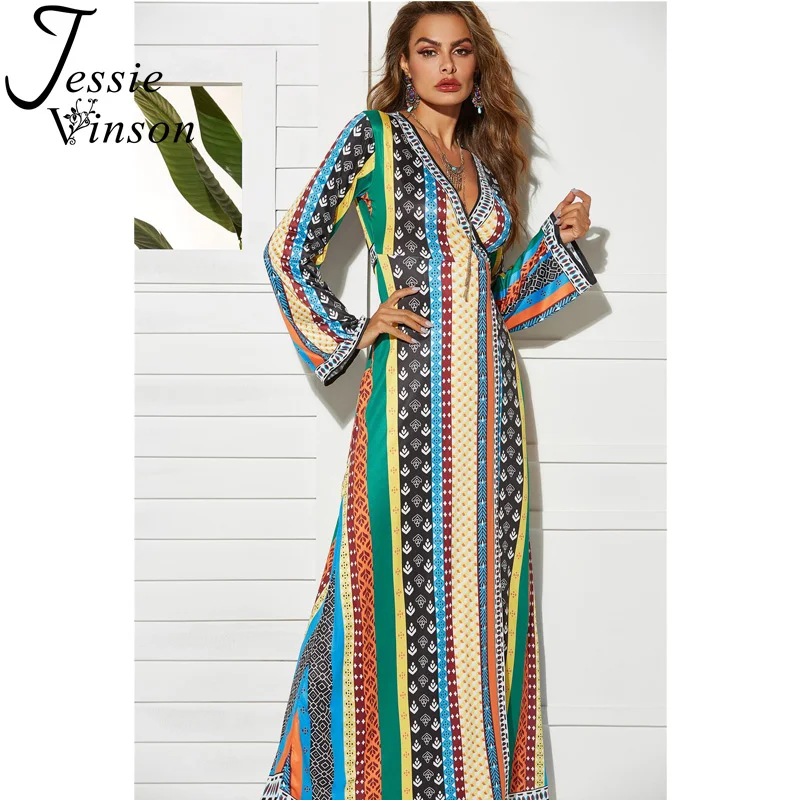 Jessie Vinson Long Sleeve V-kaklo Print Long Maxi Suknelė Moterims Afrikos Nacionalinės Spausdinti Grindų Ilgio Suknelė Vintage Ilga Suknelė Šalis