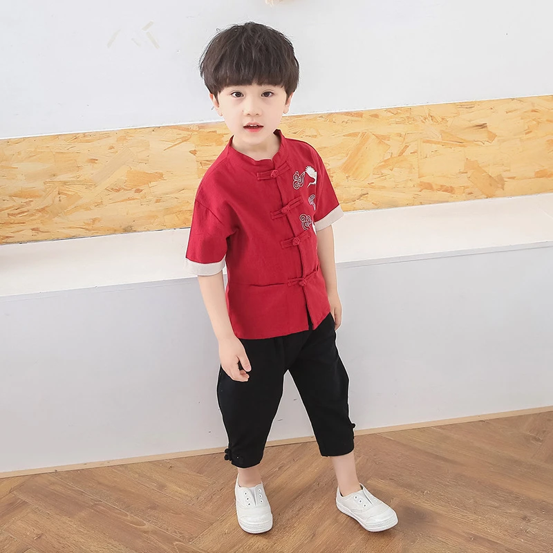 Kinų stiliaus berniukas medvilnės ir lino kostiumas vasaros trumparankoviai vaikų drabužių retro Tango kostiumas mokyklos vienodos Hanfu