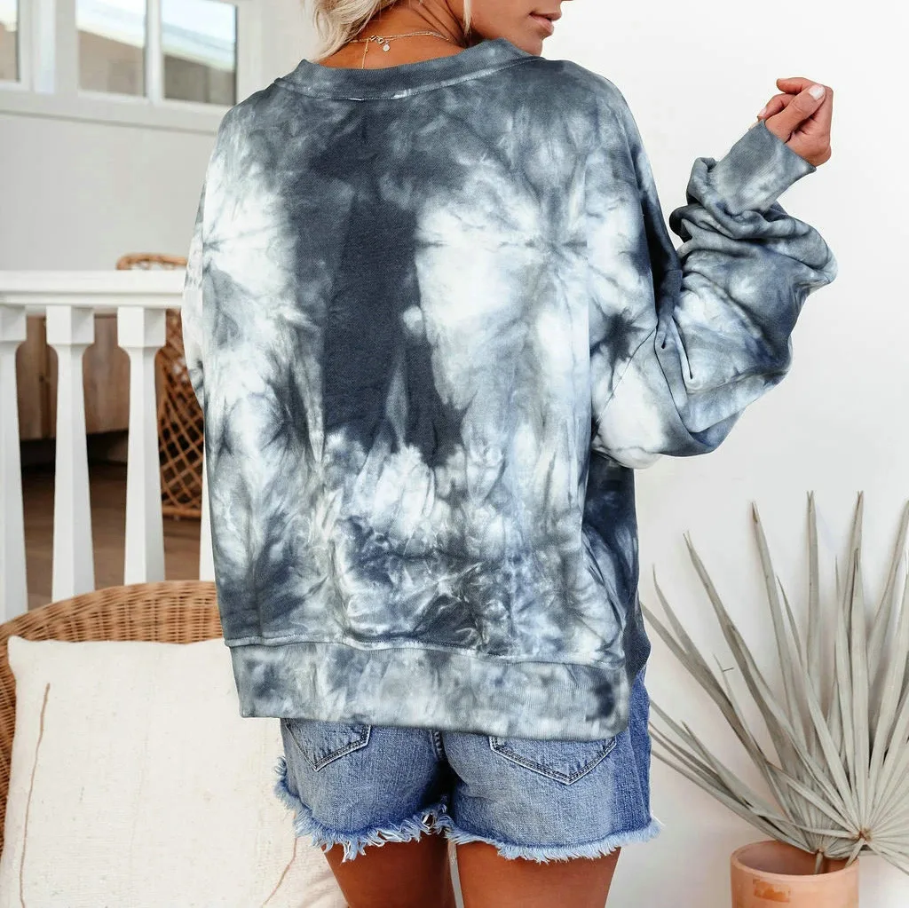 Moteris Tamsiai Mėlyna Atspausdintas T-shirt Seksualus ilgomis Rankovėmis Giliai V-kaklo, Laisvas Megztinis Du Būdai, kaip Dėvėti