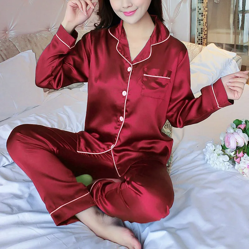 Moterų Pižama Rinkiniai Dirbtiniais Šilko Satino 2 Gabalas Rudens Femme Ilgomis Rankovėmis Sleepwear Kostiumas Moterų Homewear Naktiniai Drabužiai Pijamas Ištaigingas Dėvėti