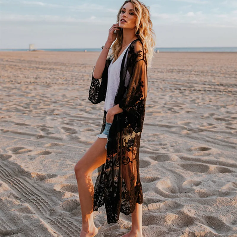 Moterų Vasaros Nėriniai Paplūdimio Kimono Megztinis Feminino Siuvinėjimo Palaidinė Long Marškinėliai Juoda Balta Camisa Feminina 2019 Tunika Viršutinių Drabužių Siuvimas