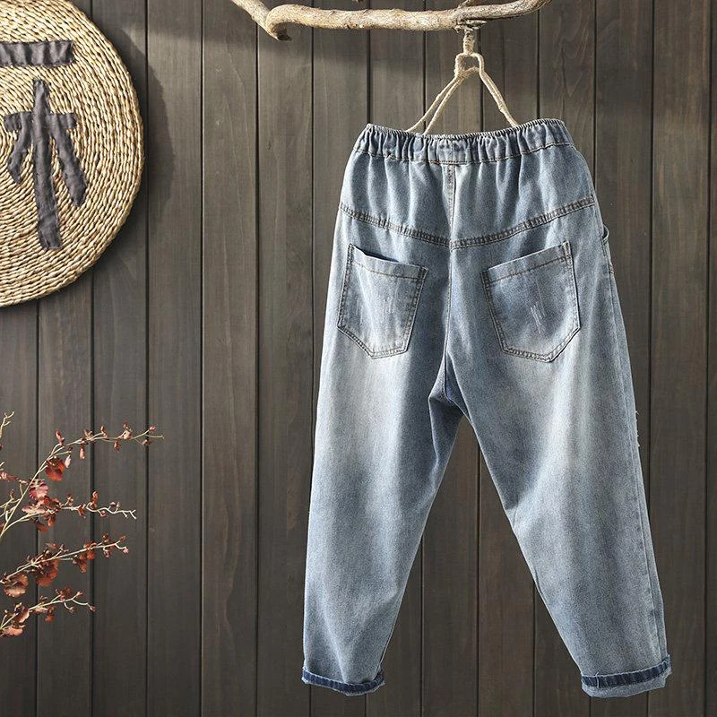 Nauja Vasaros Moterų Elastinga Juosmens Vintage Džinsai Siuvinėjimas medvilnės Džinsinio audinio Haremo Kelnės viskas suderinta Atsitiktinis Palaidų Ripped Jeans S500