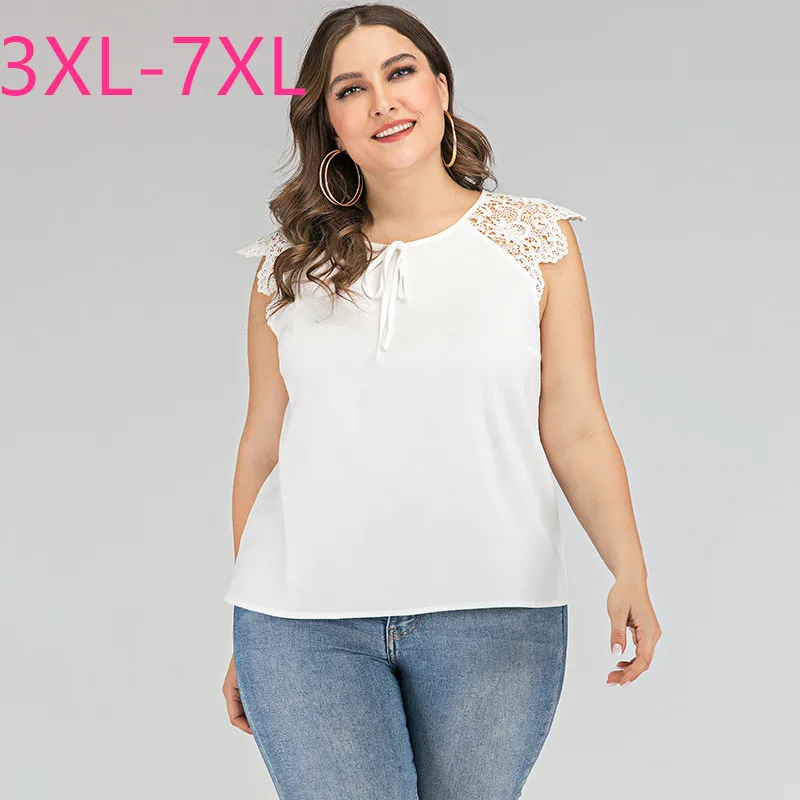 Naujas 2021 m. vasarą plius dydis viršūnes moterų didelės palaidinė atsitiktinis palaidų rankovių nėrinių O kaklas baltas trumpas marškinėliai 3XL 4XL 5XL 6XL 7XL