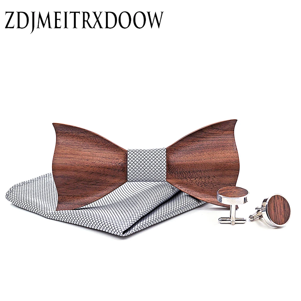 Naujas dizainas 3D Medinis kaklaraištis Pocekt Aikštėje rankogalių segtukai Mados medienos peteliškę vestuvių dinne Rankų darbo corbata Mediniai Ryšius Cadeau Homme
