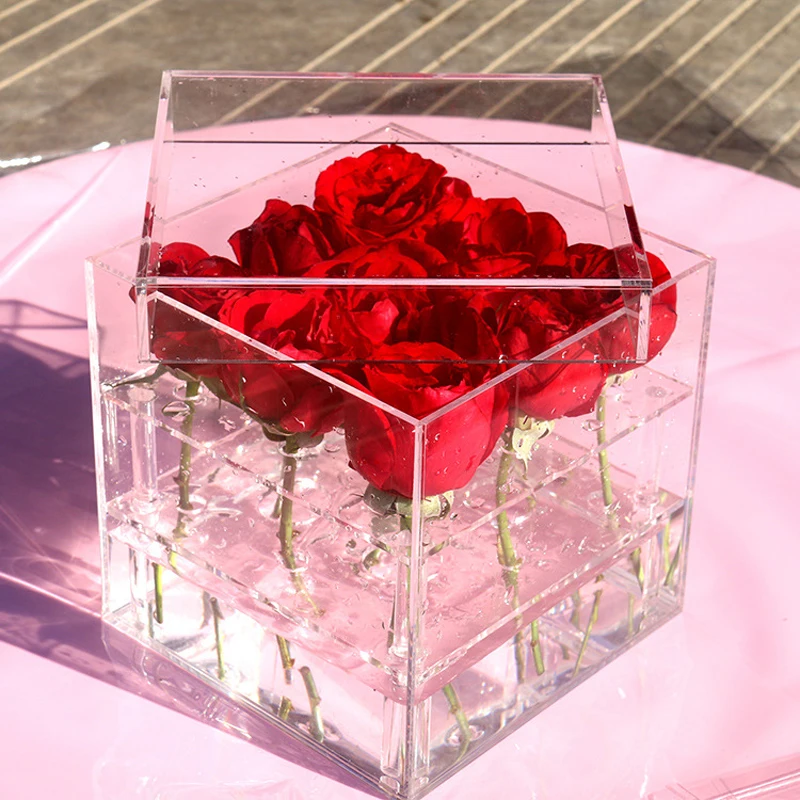 Naujas Mados Skaidraus Akrilo Rožių Gėlių Lange Makiažas Organizatorius Kosmetikos Priemonės Turėtojas Gėlių Dovanų Dėžutė Draugei, Žmonai, Su Dangčiu