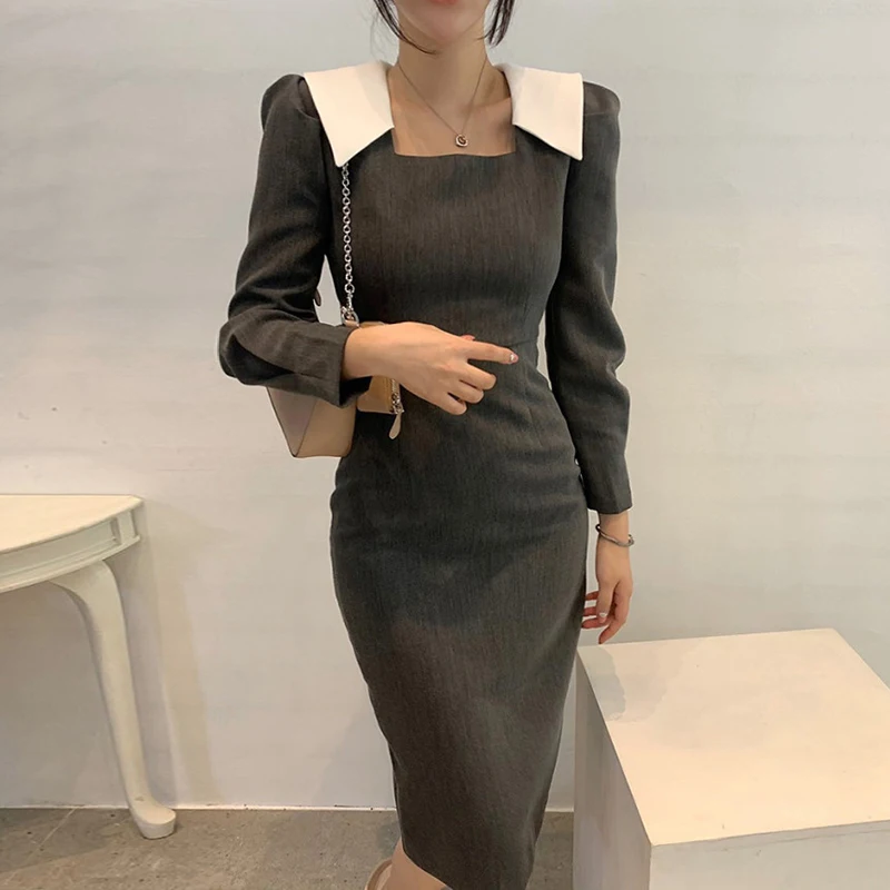 Pavasarį, Rudenį Moterys Elegantiškas Office Lady Dėvėti Į Darbą Slim Ilgomis Rankovėmis Bodycon Suknelė