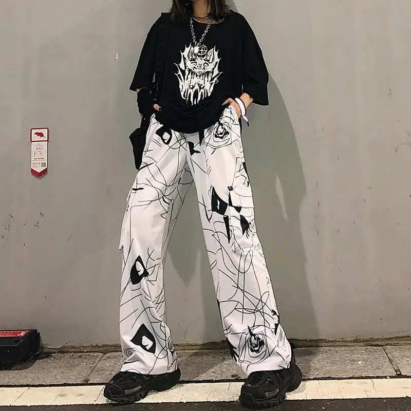 Platus Kojų Kelnės Baggy Pants 3D Geometrinis Spausdinti Moterų Elastinga Juosmens, Palaidi Hip-Hop Streetwear Harajuku Grunge Tamsios Kelnės Unisex
