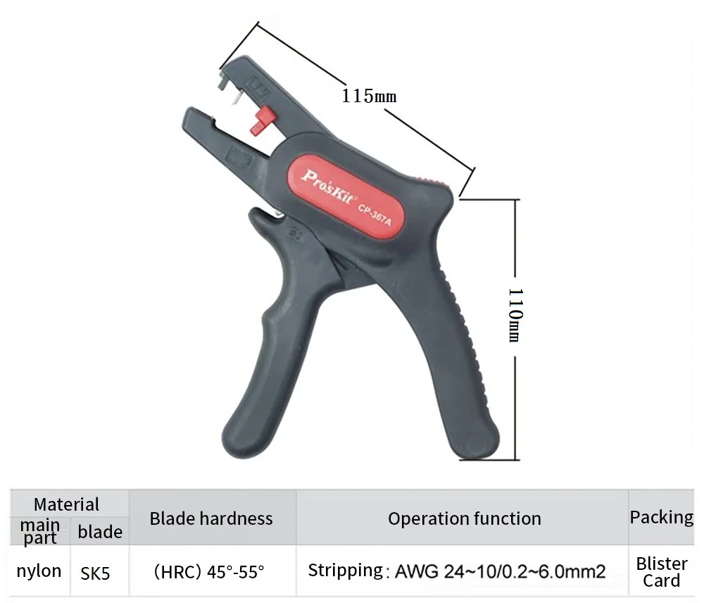 Pro'sKit CP-367A Wire Stripper Savęs Reguliavimas Izoliacija Pistoletas Tipo Automatinis Laido Išpardavimas (AWG 24~10/0.2~6,0 MM) Kabelio Cutter
