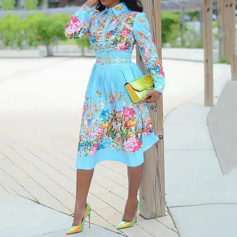 Rudenį Ilgomis Rankovėmis Moterims, Plisuotos Gėlių Spausdinti Suknelė 2020 Elegantiškas Moterų Plius Dydis Afrikos Office Ponios Derliaus Midi Suknelė Retro