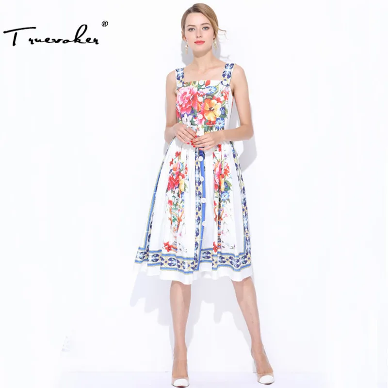 Truevoker Vasarą Dizaineris Suknelė Moterų Spalvinga Gėlių Spausdinti Priekiniai Mygtuką Vidurio Blauzdos Spageti Dirželis Suknelė