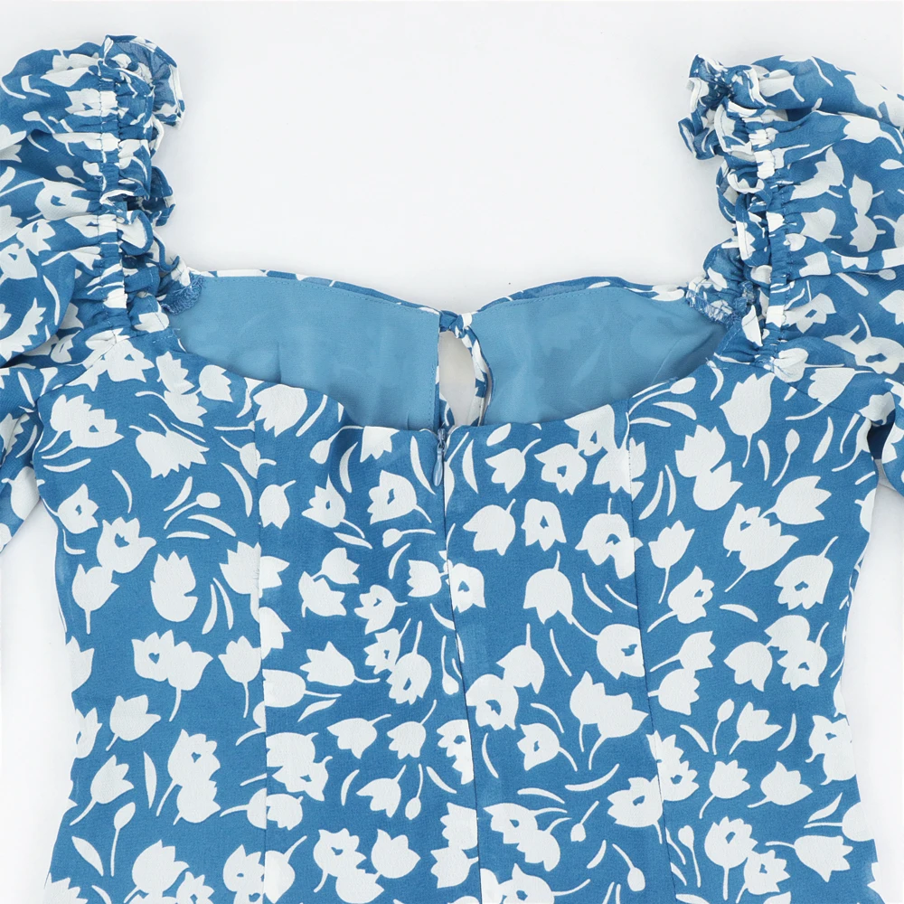 Vasarą Moterys atsitiktinis midi suknelė gėlių spausdinti lankas apdailos Slim suknelė Padalinta vestido Vintage Blue Elegantiškas Centras Tvarstis Suknelės
