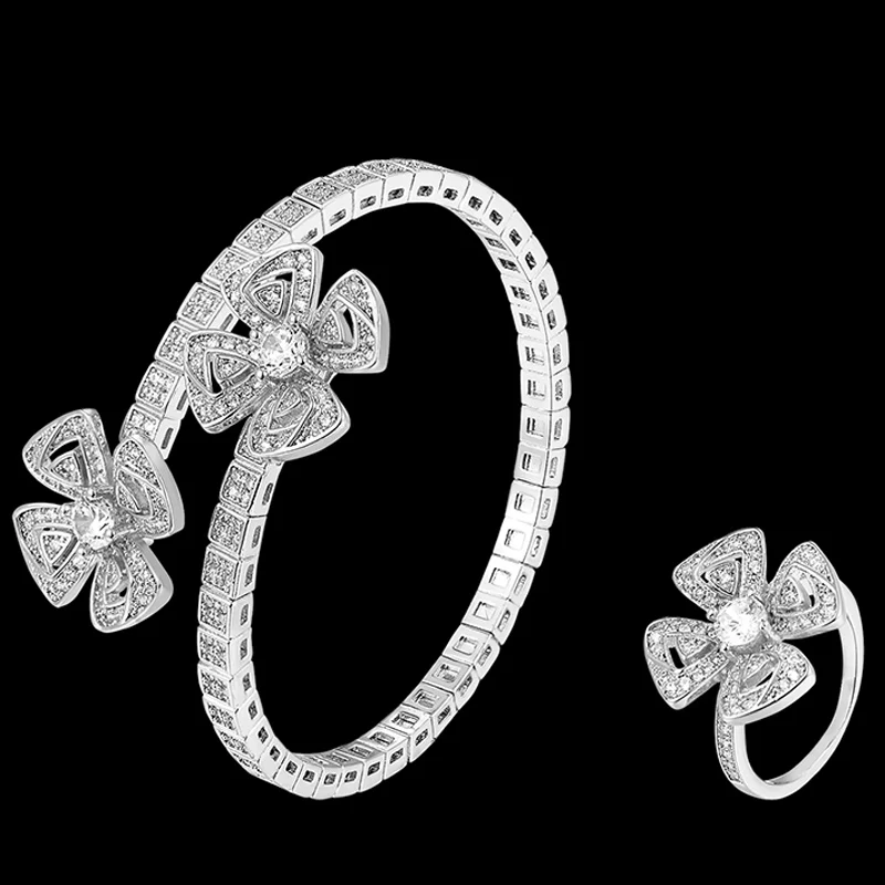 Zlxgirl vestuviniai papuošalai Kubinis cirkonis Reguliuojamas Gėlių Formos Bangle su žiedas, papuošalų rinkiniai gerų moterų, vestuvių apyrankę žiedas rinkiniai