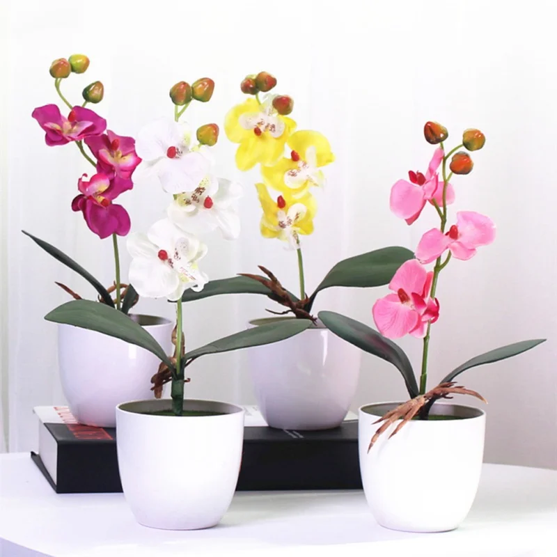 1 Set Phalaenopsis Modeliavimas Gėlių Vazoninių Dirbtinė Orchidėja, Gėlių + Putų Lapų +plastikinės Vazos, Namų Dekoro Bonsai Dovana