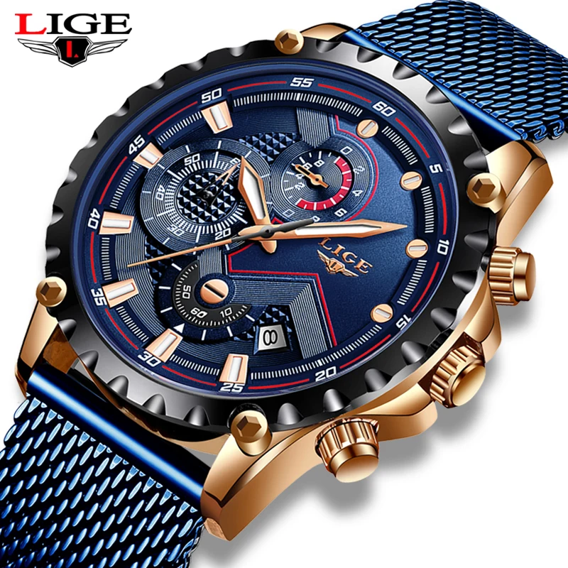 2019 Naujas LIGE Mėlyna Atsitiktinis Tinklelio Diržo Mados Kvarco Aukso Žiūrėti Mens Watches Top Brand Prabanga Vandeniui Laikrodis Relogio Masculino
