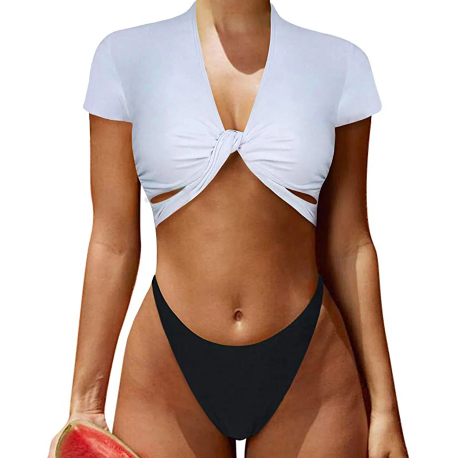 2020 Naujas Sporto Bikini Moterims maudymosi Kostiumėliai, trumpomis Rankovėmis maudymosi kostiumėlį Aukšto Juosmens Dviejų vienetų Leopard Sporto bikini marškinėliai Moterų Paplūdimio