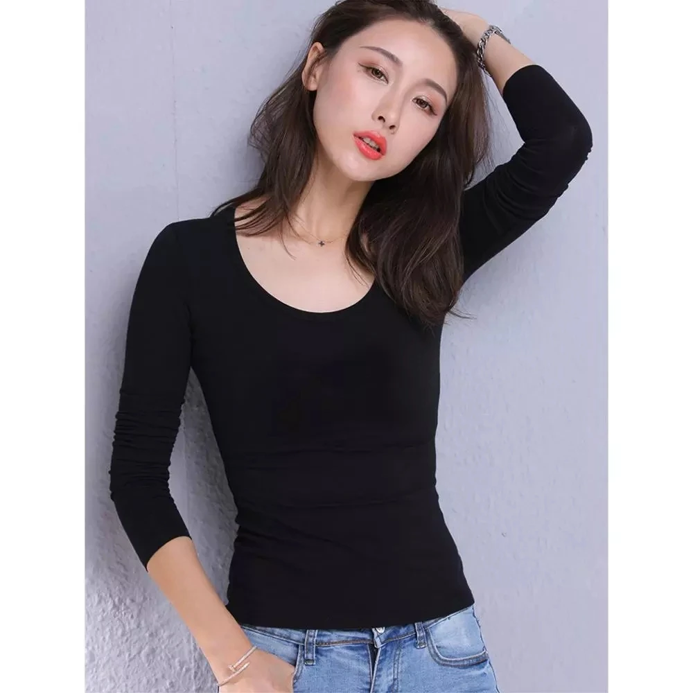 2021 moda mujer camiseta de algodón atsitiktinis spalva sólido manga larga cuello redondo ropa