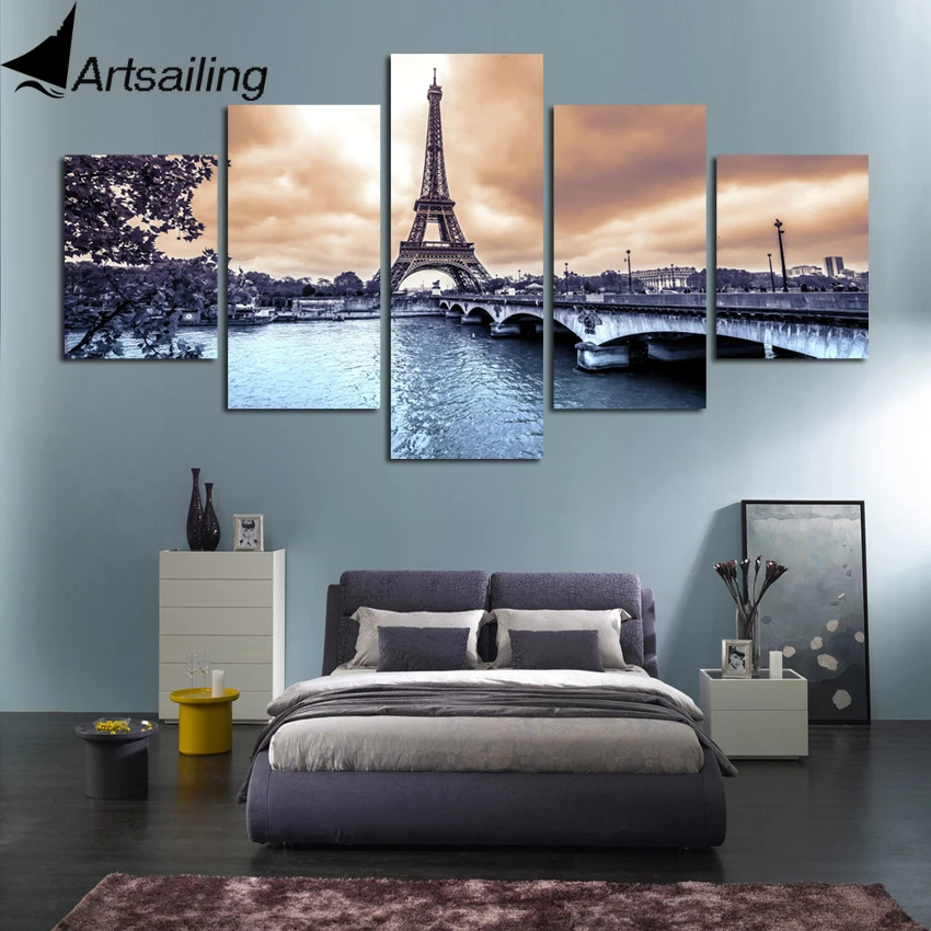 5 gabalo drobės tapybos Paryžiaus panoramą Eifelio bokštas HD plakatų ir grafikos paveikslai tapyba už kambarį nemokamas pristatymas XA2207B