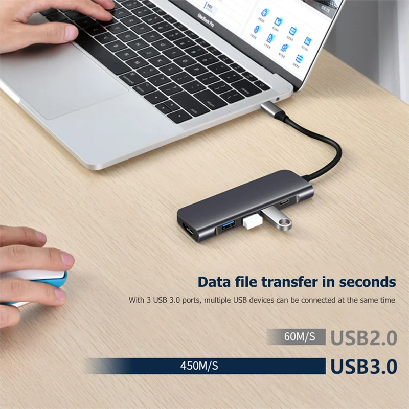 5 In 1 USB Type C) USB 3.0 Hub HDMI suderinamus Adapteris Doko Stotis 