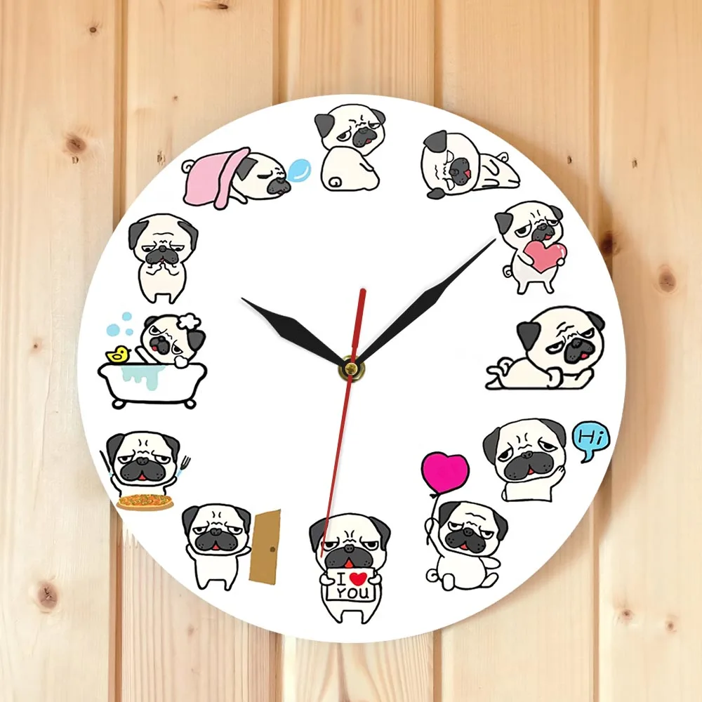 Animacinių Filmų Pug Šunų Kasdienis Gyvenimas Sieninis Laikrodis Šunų Mylėtojas Namų Dekoro Ne Tiksi Sieninis Laikrodis Šuns Veislė Pet Shop Sienos Meno Laikrodis Laikrodis