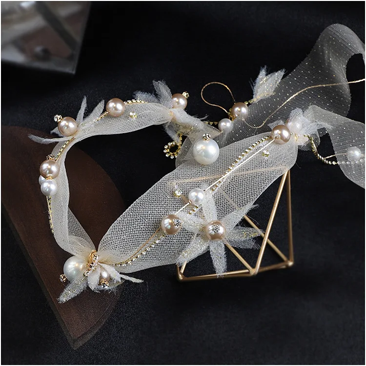 Baltos spalvos krepo prabanga didelis perlų Rankų darbo, kaspinai Aukso Minkštas Verpalai Plaukų Juostos vestuvių Nuotakos Šukuosena