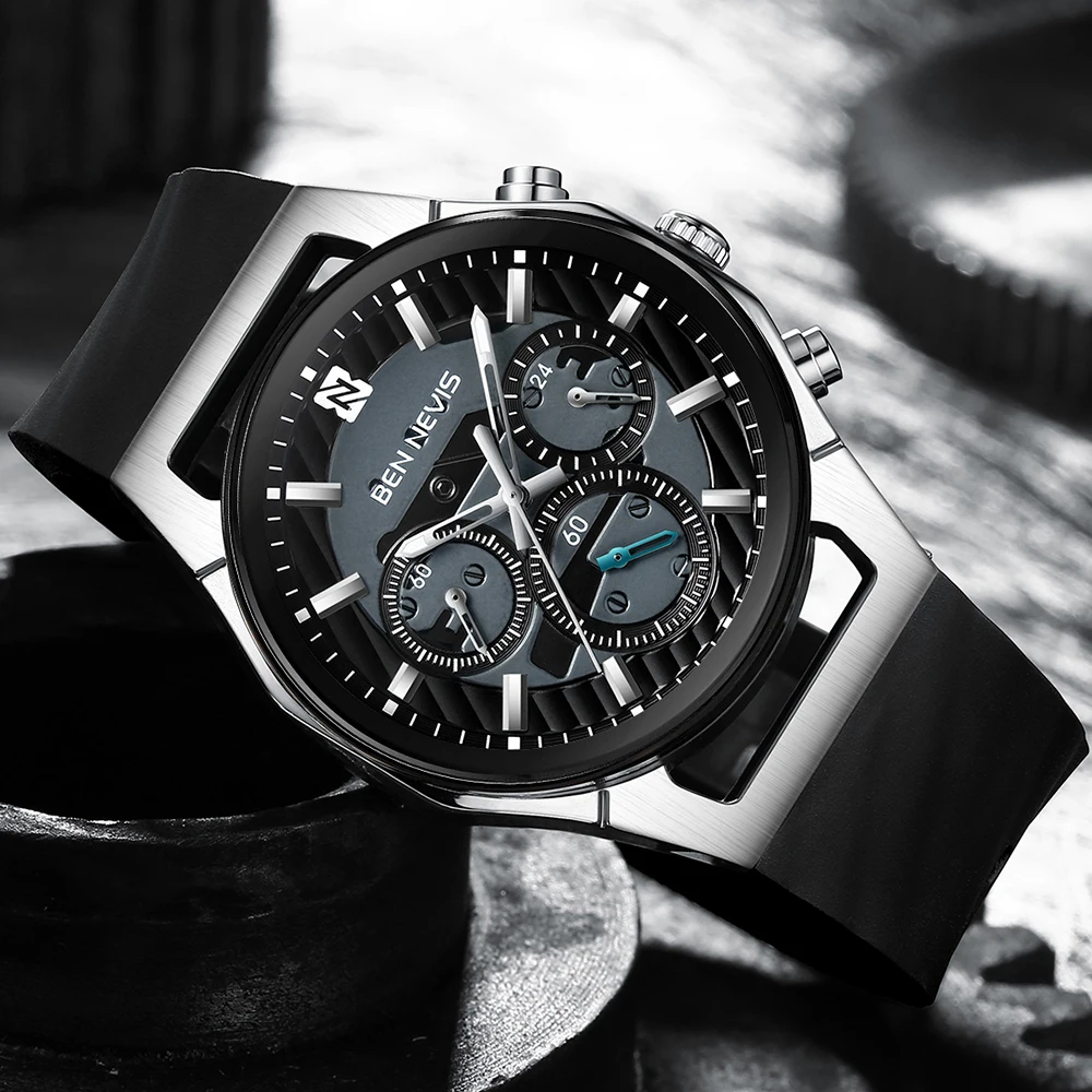 BEN NEVIS Laikrodžiai Mens 2020 Vandeniui Laikrodžiai Chronos Silver Black Laikrodis Sportinis Laikrodis Silikoninė Juosta Reloj Hombre
