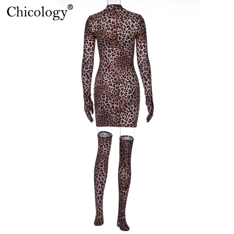 Chicology pirštinės gyvulių mini suknelė leopardas spausdinti moterys ilgomis rankovėmis 2019 žiemos seksualus šalies klubas, 2 dviejų dalių drabužių streetwear