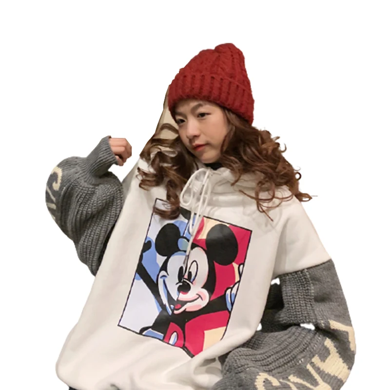 Disney Mickey Mouse Hoodie Moterų Rudenį ir Žiemą Prarasti korėjos Stiliaus Plius Aksomo Storio Streetwear Megztinių Rankovės Drabužiai