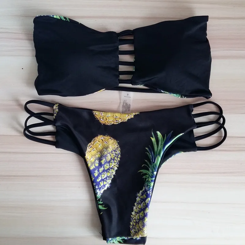 Dvipusės 2020 M Sexy Strappy Maudymosi Kostiumėlį Grįžtamasis Brazilijos Bikini Komplektas Ananasų Spausdinti Bandeau Maudymosi Kostiumai, Maudymosi Kostiumėliai Moterims