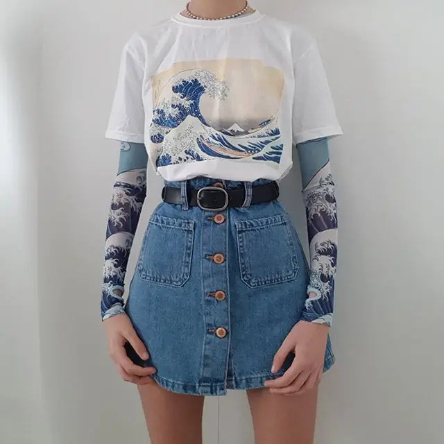 Fashionshow HJN Unisex Tumblr Mados Hokusai Japonų Tapyba Pagal Banga Off Kanagawa Baltos spalvos Marškinėlius trumpomis Rankovėmis Medvilnė Tee