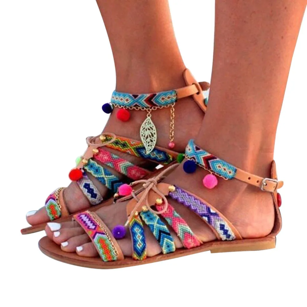 Jaycosin batai Moterims Bohemijos Gladiatorių Sandalai Odiniai Sandalai Butai, Batai Pom-Pom atsitiktinis lauko Basutės