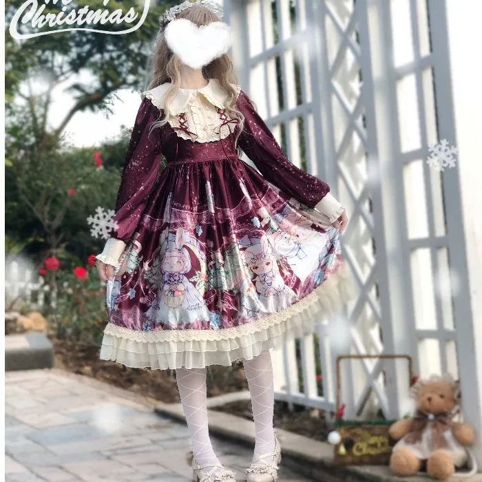 Lolita atspindintis Kalėdų Cosplay Kostiumas Moterims Pynimas Papuoštas Retro Dirželis Tiulio Suknelė arbatėlė rudens žiemos dress