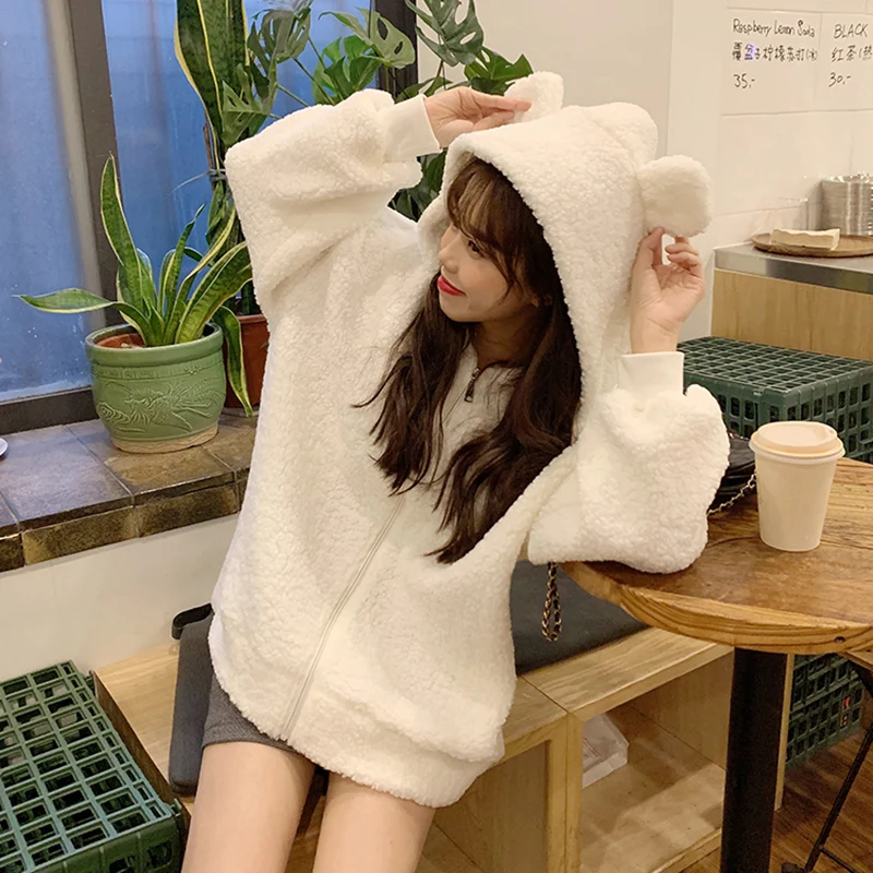 Lucyever Saldus Mažai Lokys Ausies Furry Gobtuvu Striukė 2020 M. Žiemą Laikyti Šiltai Balta Pliušinis Kailis Moterų Korėjos Stiliaus Laisvalaikio Marškinėlius