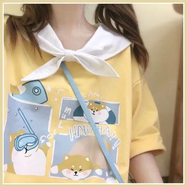 Mados Vasaros Japana Mielas Animacinių Filmų Marškinėliai Moterims Geltona Pusė Rankovėmis Marškinėliai Harajuku Prarasti Viršūnes Moterų Marškinėlius Streetwear Mergaitės