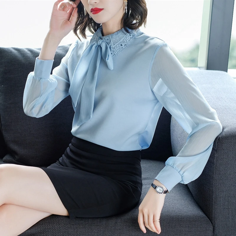 Moterims Palaidinės Korėjos Elegantiškas Moteris, Šifono Rankovėmis Nėrinių Apykaklės Marškinėliai Moterims Topai Plius Dydis Moterų Drabužiai Blusas Mujer De Moda 2020 M.