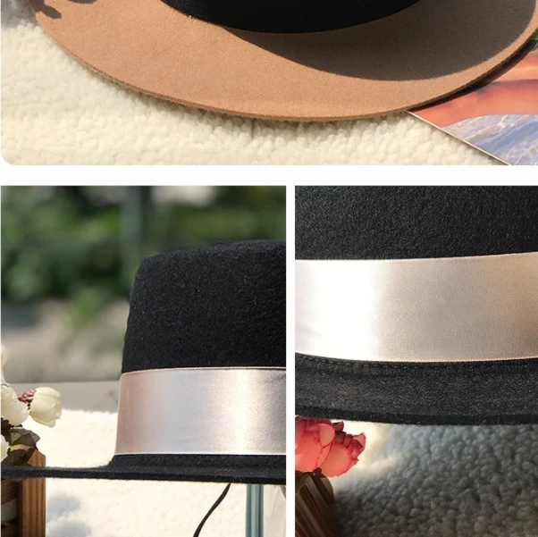 Moterų vilna Top hat elegantiškas Juostelės Didelis Kraštų Europoje Stiliaus Šalis Skrybėlę Flat Top Melonik Skrybėlę gorro Rudens žiemos Fedora Skrybėlę