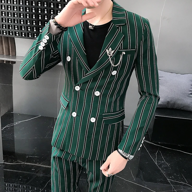 Naujas Atvykimo Atsitiktinis Tinka Mens MADOS Dryžuotas Tinka Slim Fit Tuxedos Žalia Tiktų Vestuvių Costme Homme Terno Azijos Dydis