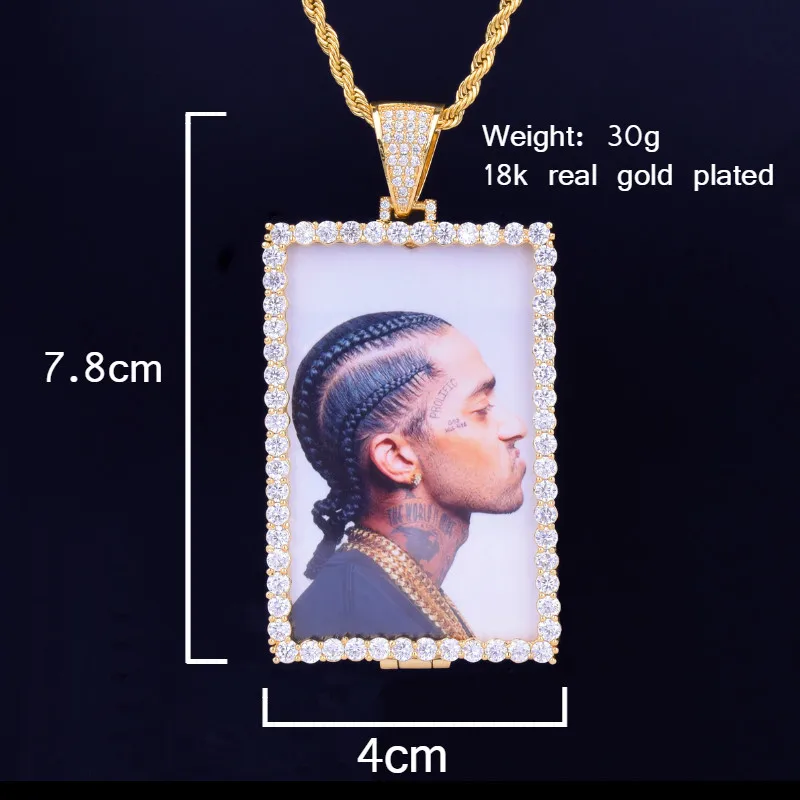 Pagal užsakymą Pagaminti Nuotrauka Squar Medalionai Karoliai & Pakabukas su 4mm Teniso Grandinės Aukso Spalvos Kubinis Cirkonis Vyrų Hip-hop Papuošalai