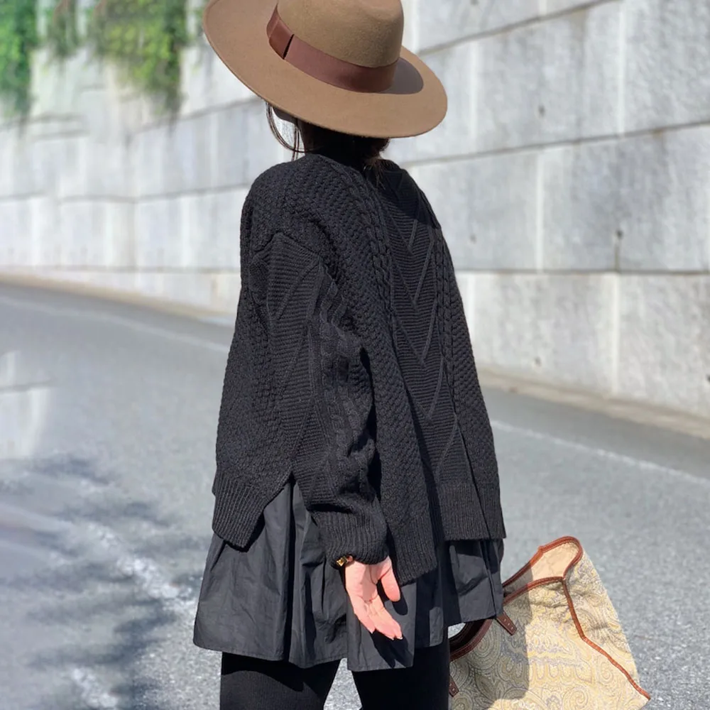 Pavasario Long Sleeve Black Moterų Megztinis Korėjos Mados Ruffles Kratinys Puloveris Viršūnes Harajuku Negabaritinių Marškinėlius Streetwear