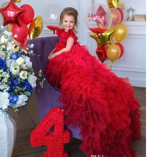 Raudona 2020 Gėlių Mergaičių Suknelės, Vestuvių Bateau Kaklo Appliqued Bamblys Inscenizacija Chalatai Tiulio Ilgai Mokyti Vaikus Prom Chalatai
